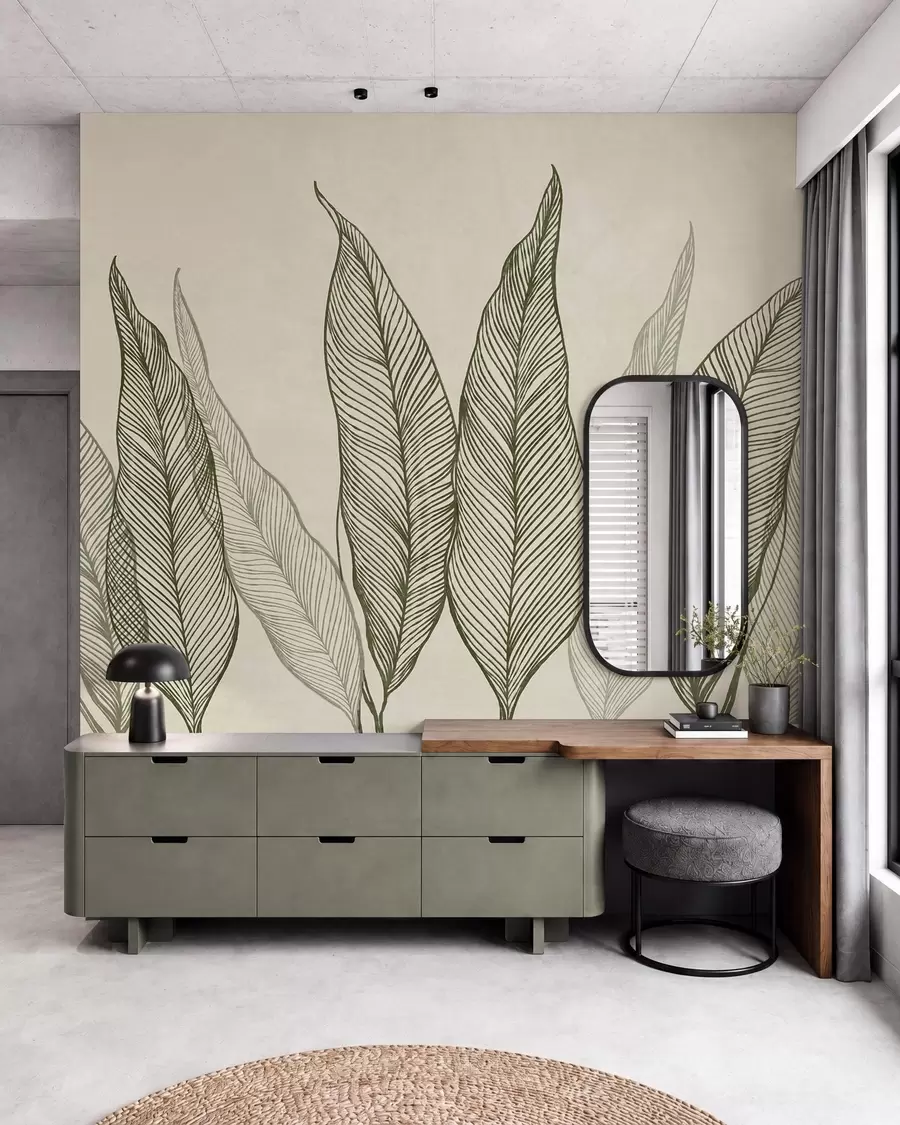 wall murals Stylized green leaves with intricate line details on a beige background, textured art w10030