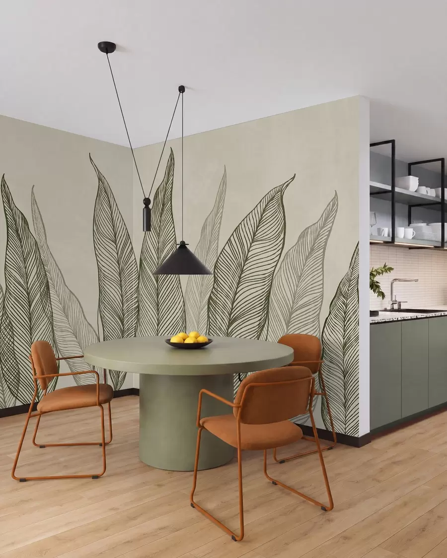 wall murals Stylized green leaves with intricate line details on a beige background, textured art w10030
