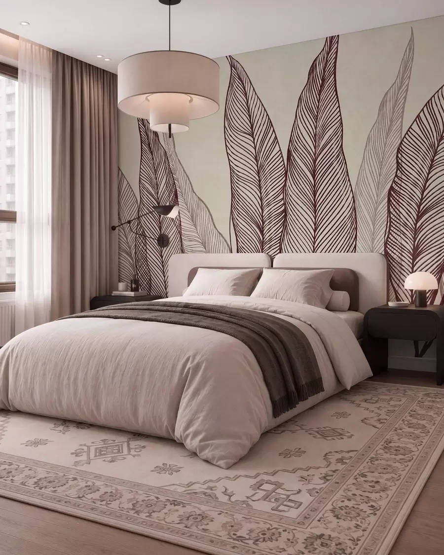 wall murals Stylized burgundy leaves with intricate line details on a beige background, textured art w10030v1