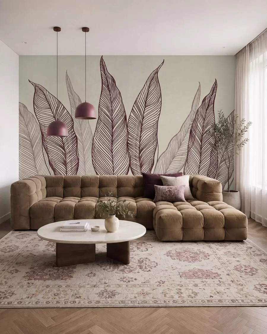 wall murals Stylized burgundy leaves with intricate line details on a beige background, textured art w10030v1