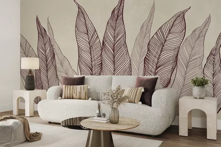 wall murals Stylized burgundy leaves with intricate line details on a beige background, textured art w10030v1