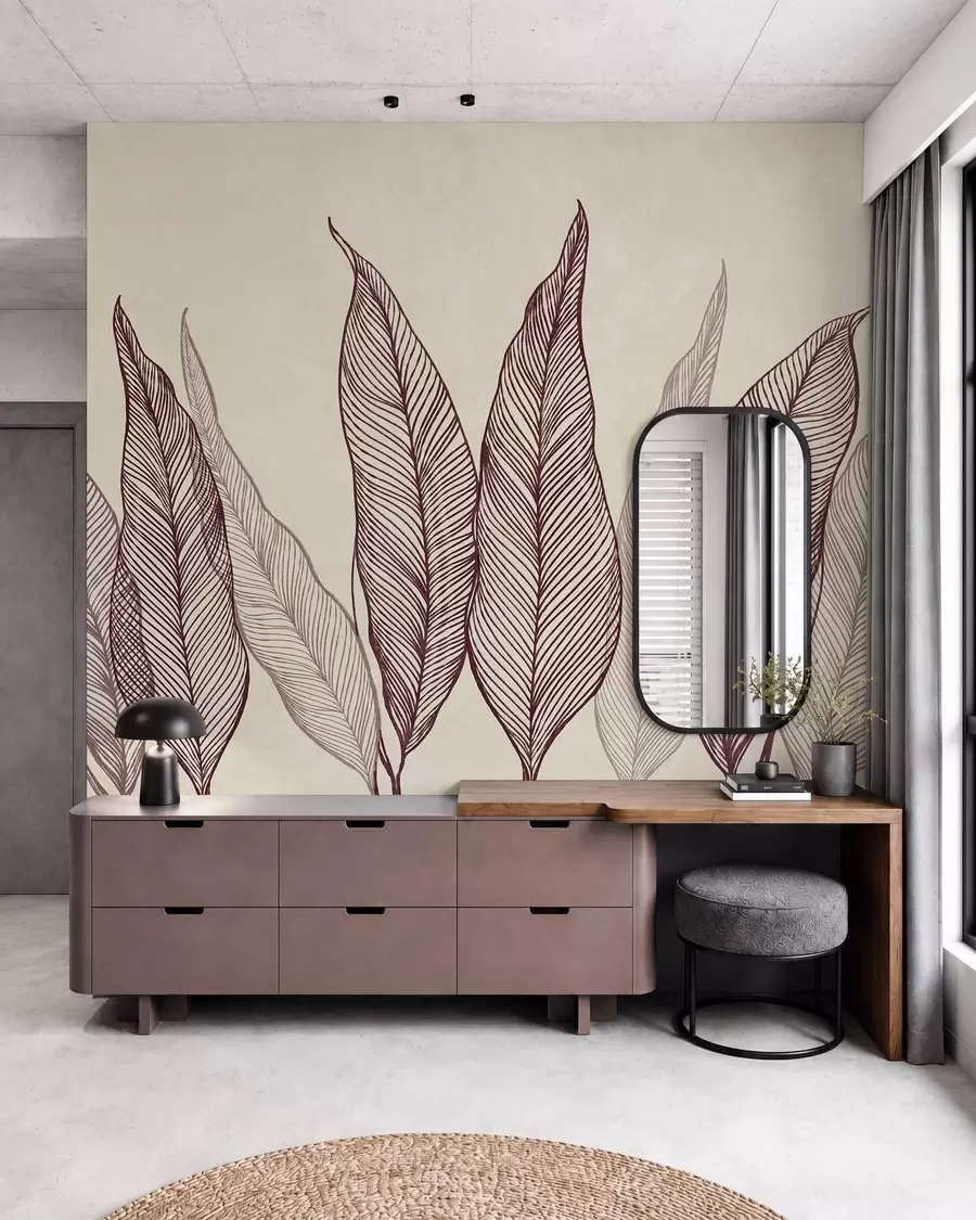 wall murals Stylized burgundy leaves with intricate line details on a beige background, textured art w10030v1