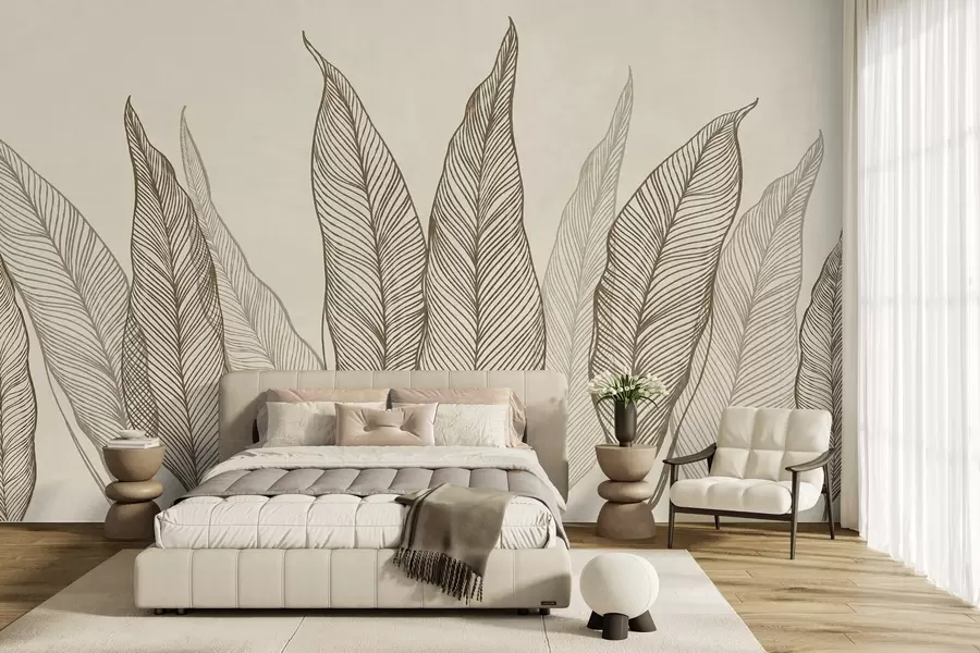 wall murals Stylized brown leaves with intricate line details on a beige background, textured art w10030v2