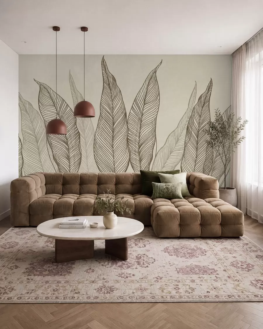 wall murals Stylized brown leaves with intricate line details on a beige background, textured art w10030v2