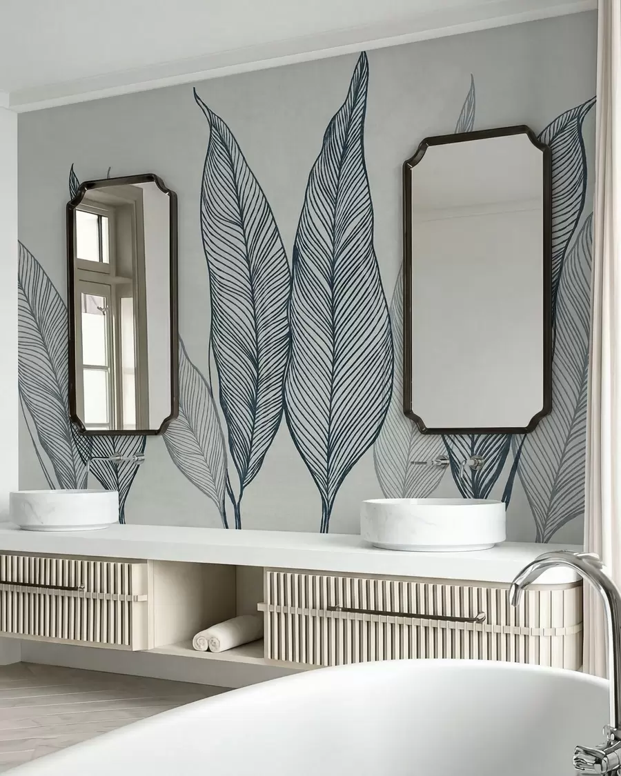 wall murals Stylized blue leaves with intricate line details on a gray background, textured art w10030v3