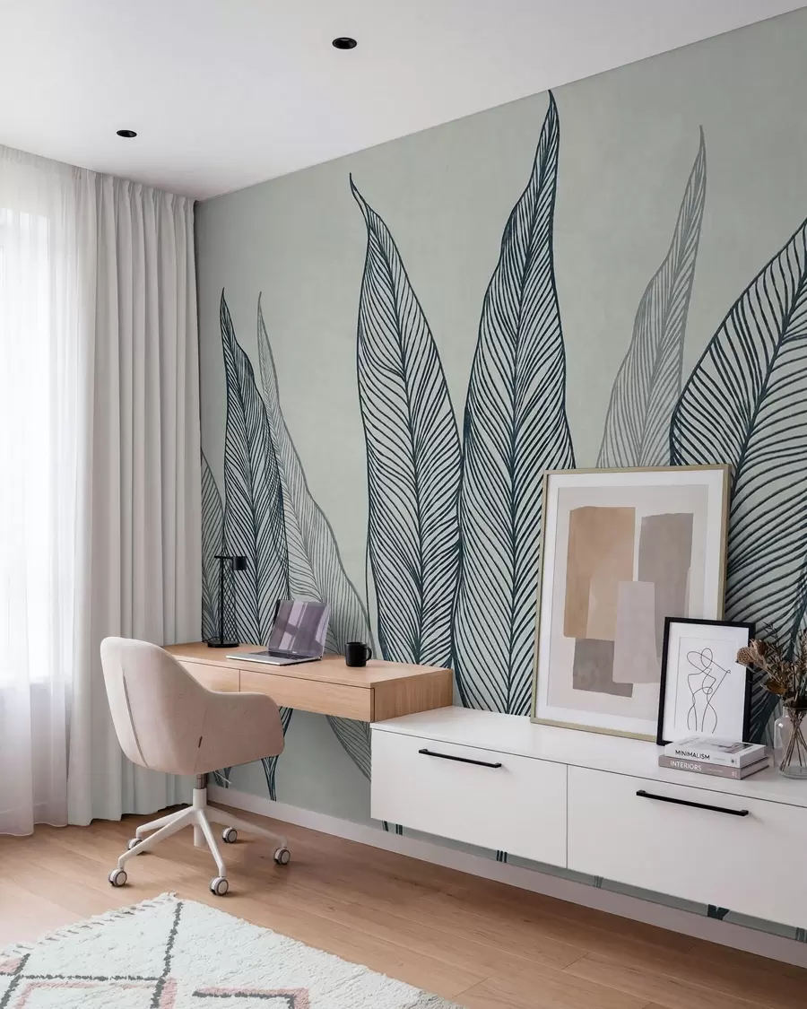 wall murals Stylized blue leaves with intricate line details on a gray background, textured art w10030v3