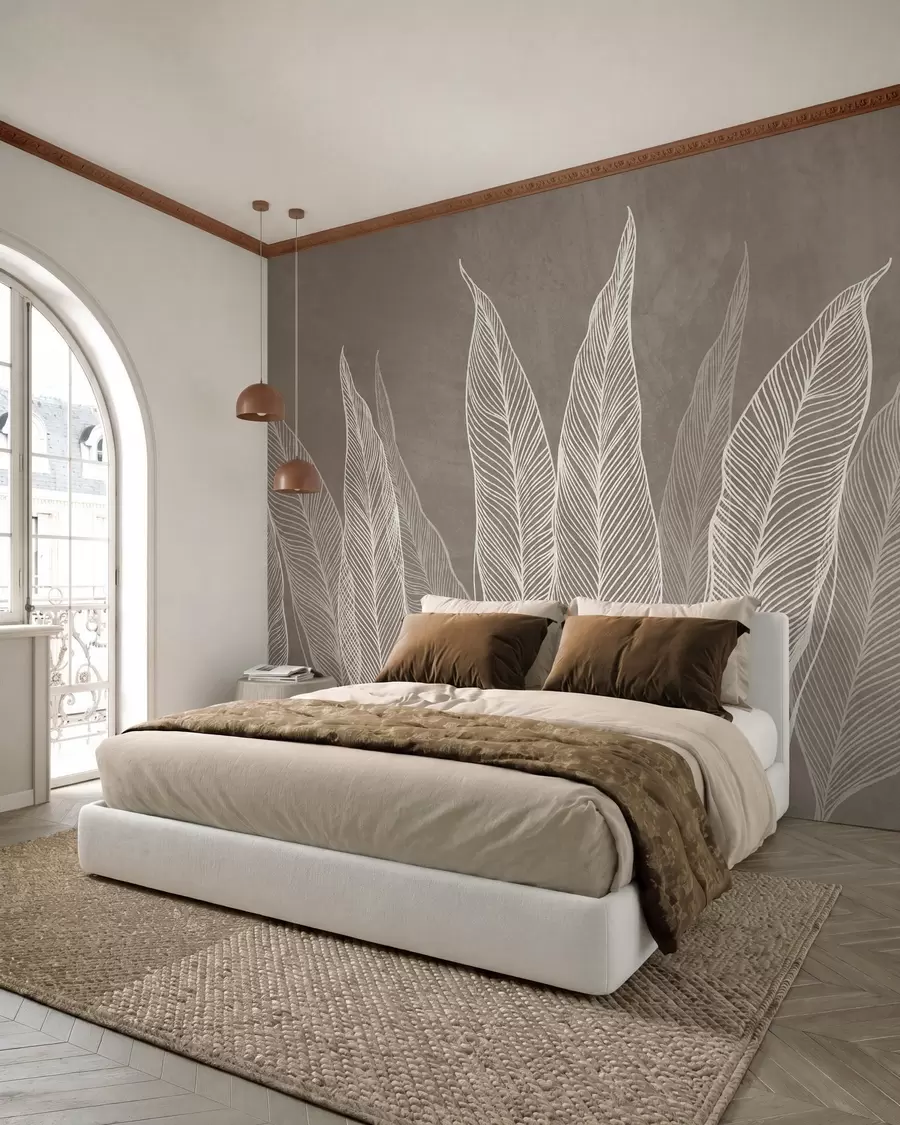 wall murals Stylized white leaves with intricate line details on a brown background, textured art w10030v4