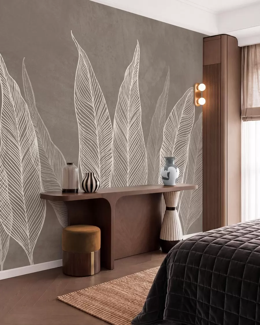 wall murals Stylized white leaves with intricate line details on a brown background, textured art w10030v4