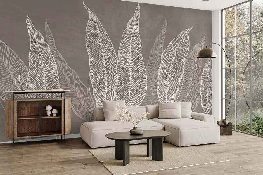 wall murals Stylized white leaves with intricate line details on a brown background, textured art w10030v4