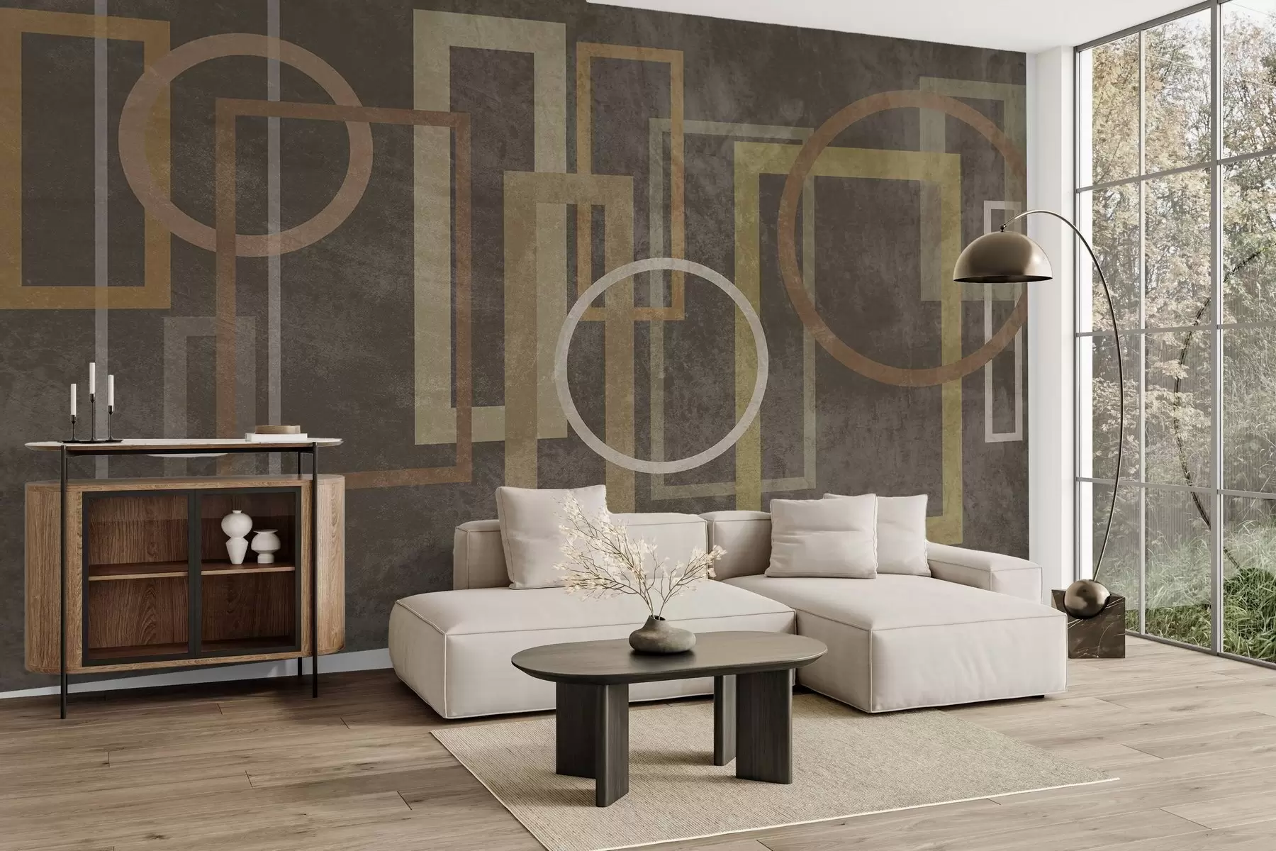 wall murals Geometric, textured shapes, including rectangles and circles, in earthy tones w10031
