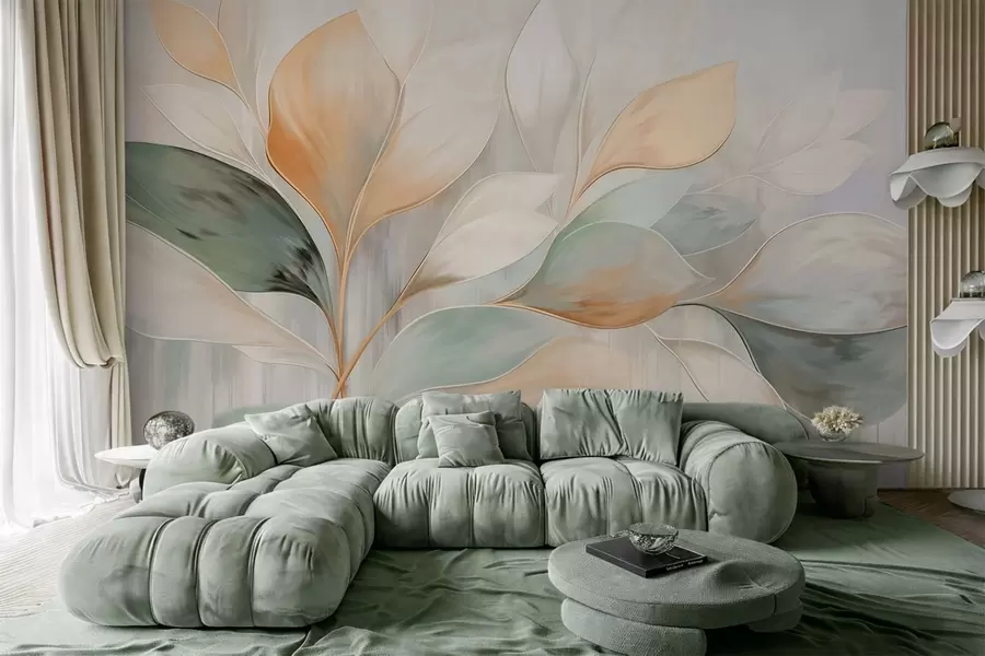 wall murals Abstract leaves in cream, peach and green tones w05861