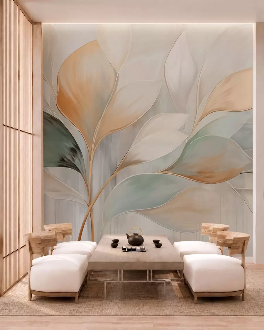 wall murals Abstract leaves in cream, peach and green tones w05861