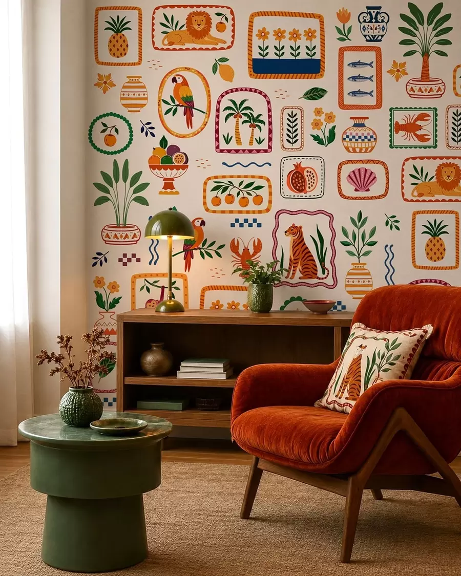 wall murals Colorful pattern with animals, plants and fruit w05885