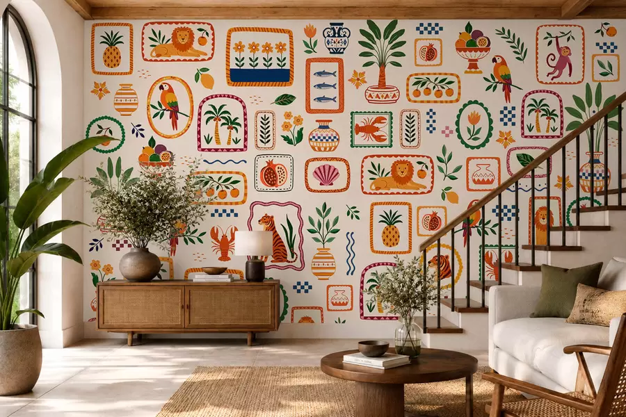 wall murals Colorful pattern with animals, plants and fruit w05885