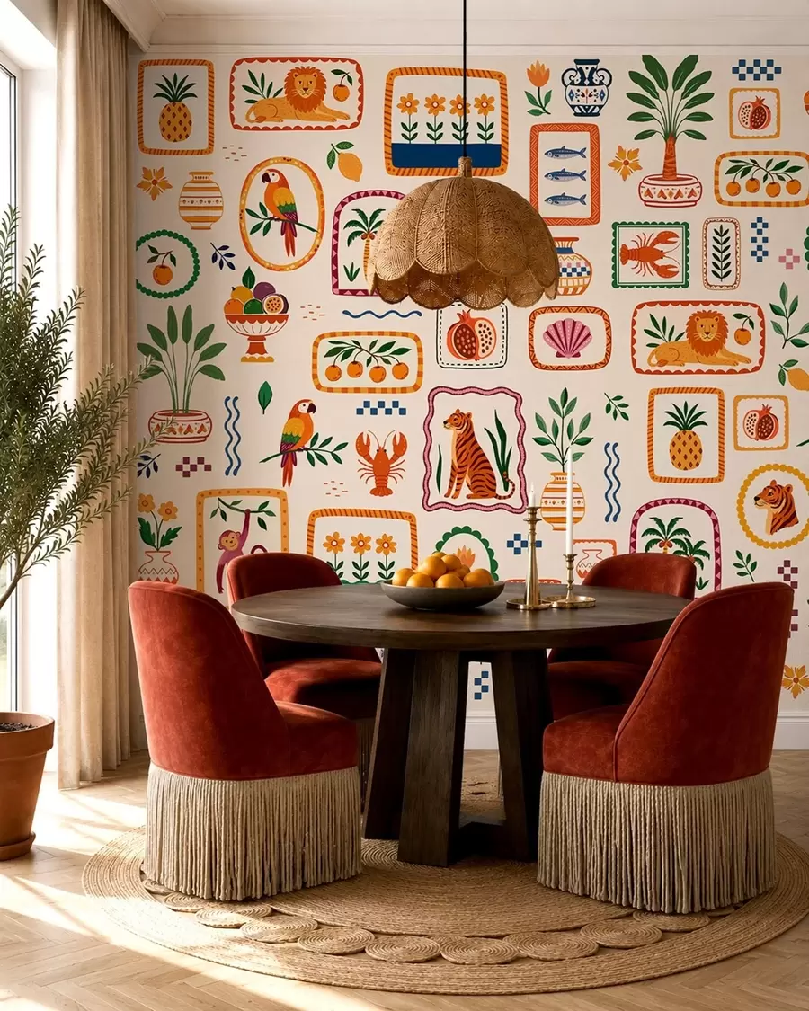wall murals Colorful pattern with animals, plants and fruit w05885