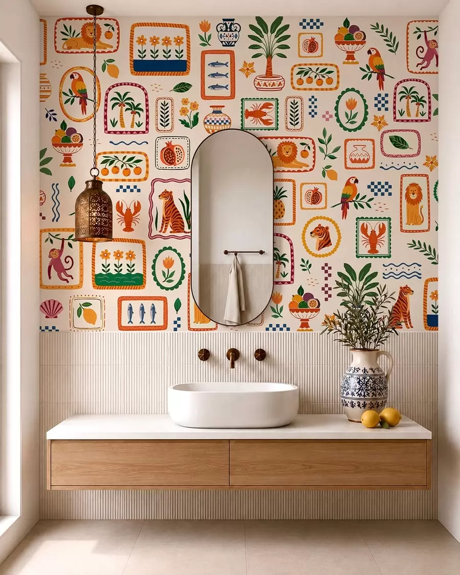 wall murals Colorful pattern with animals, plants and fruit w05885