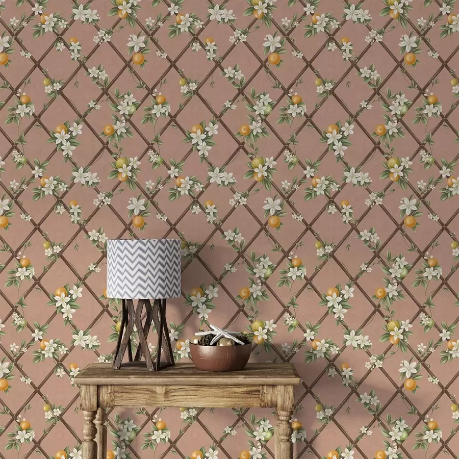 wall murals Flowers and citrus fruits on a pink background with lattice a01261v1
