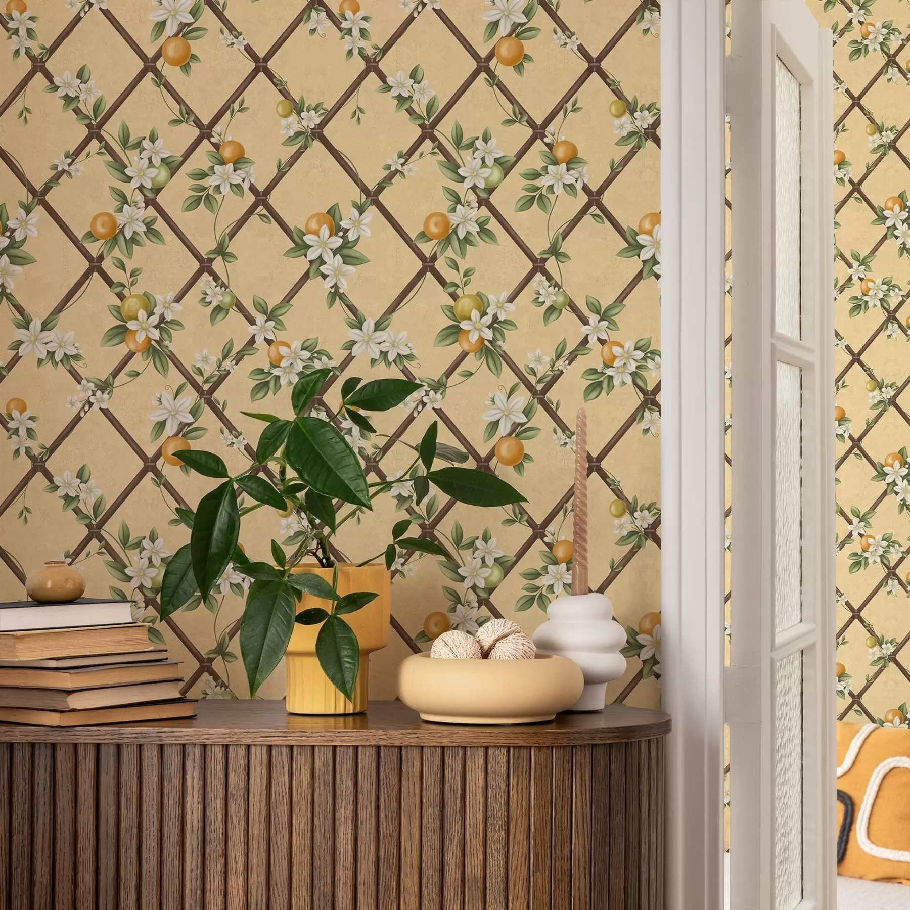 wall murals Flowers and citrus fruits on a cream background with lattice a01261v2