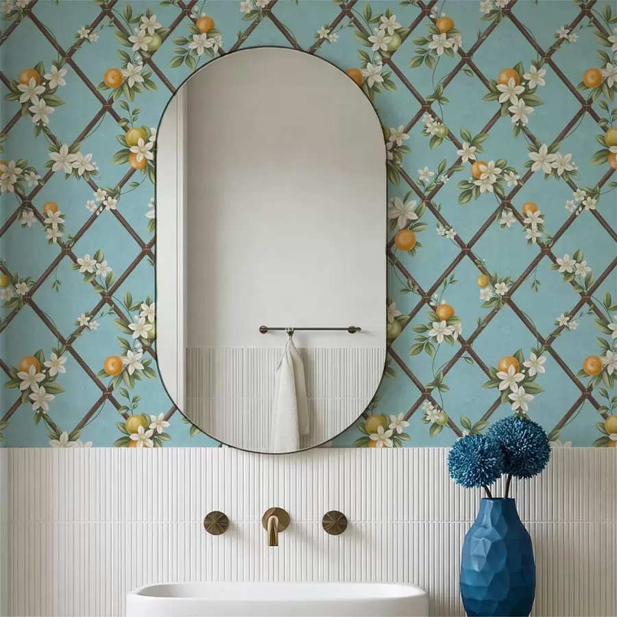 wall murals Flowers and citrus fruits on a blue background with lattice a01261v3