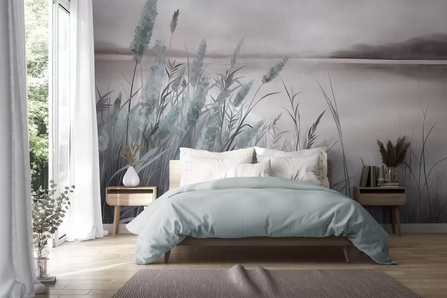 wall murals Tall, dry grass and reeds in the foreground, textured landscape, pastel colors w10017v1