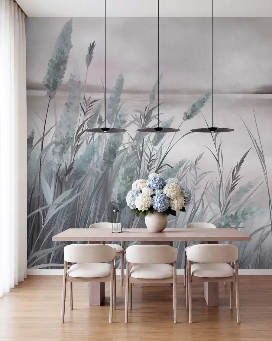 wall murals Tall, dry grass and reeds in the foreground, textured landscape, pastel colors w10017v1