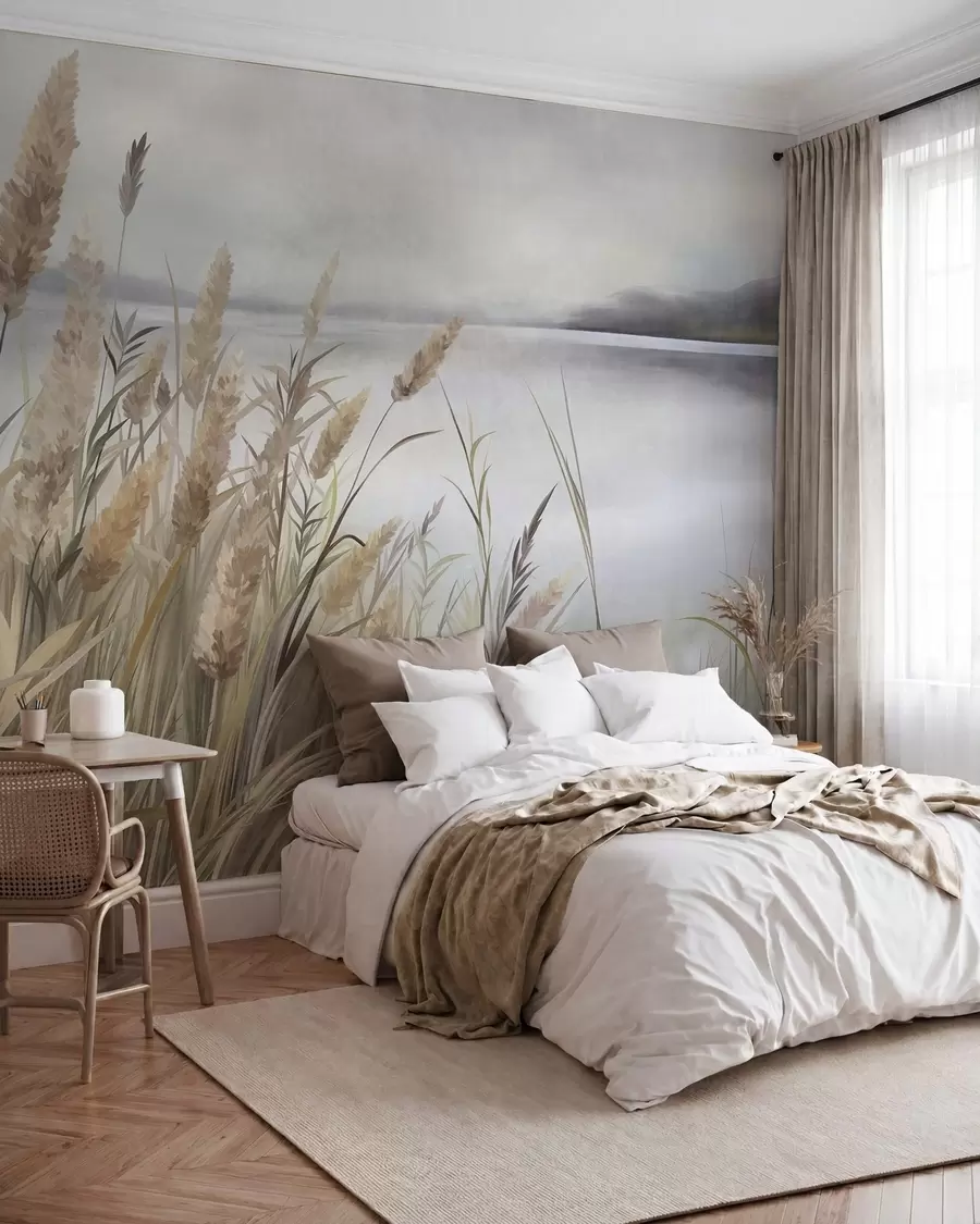 wall murals Tall, dry grass and reeds in the foreground, textured landscape, pastel colors w10017