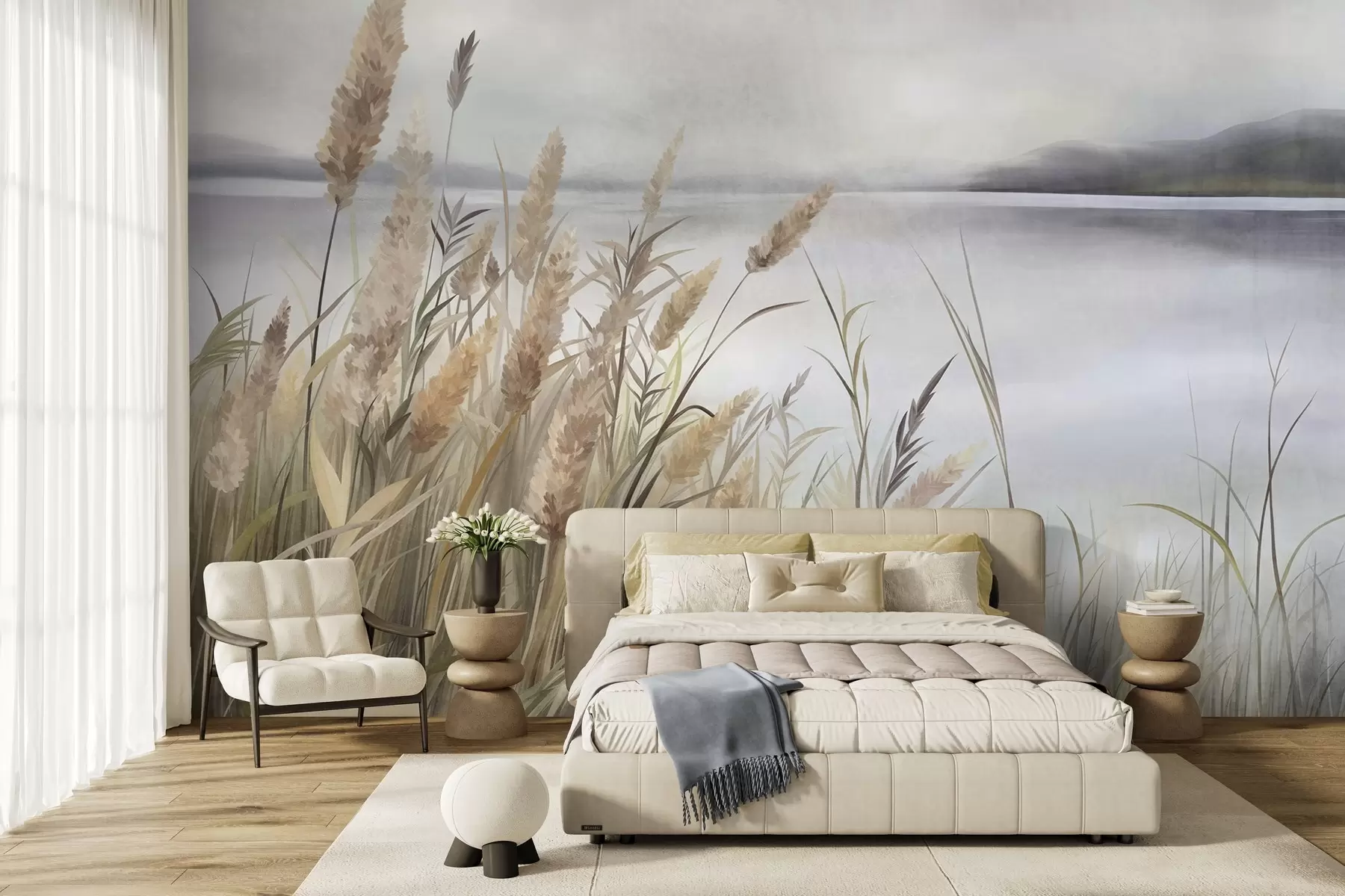 wall murals Tall, dry grass and reeds in the foreground, textured landscape, pastel colors w10017