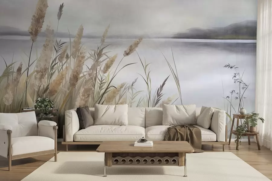 wall murals Tall, dry grass and reeds in the foreground, textured landscape, pastel colors w10017