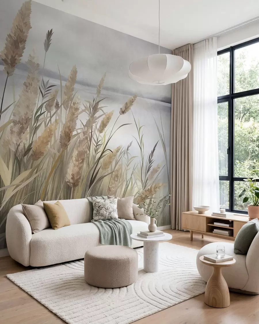 wall murals Tall, dry grass and reeds in the foreground, textured landscape, pastel colors w10017