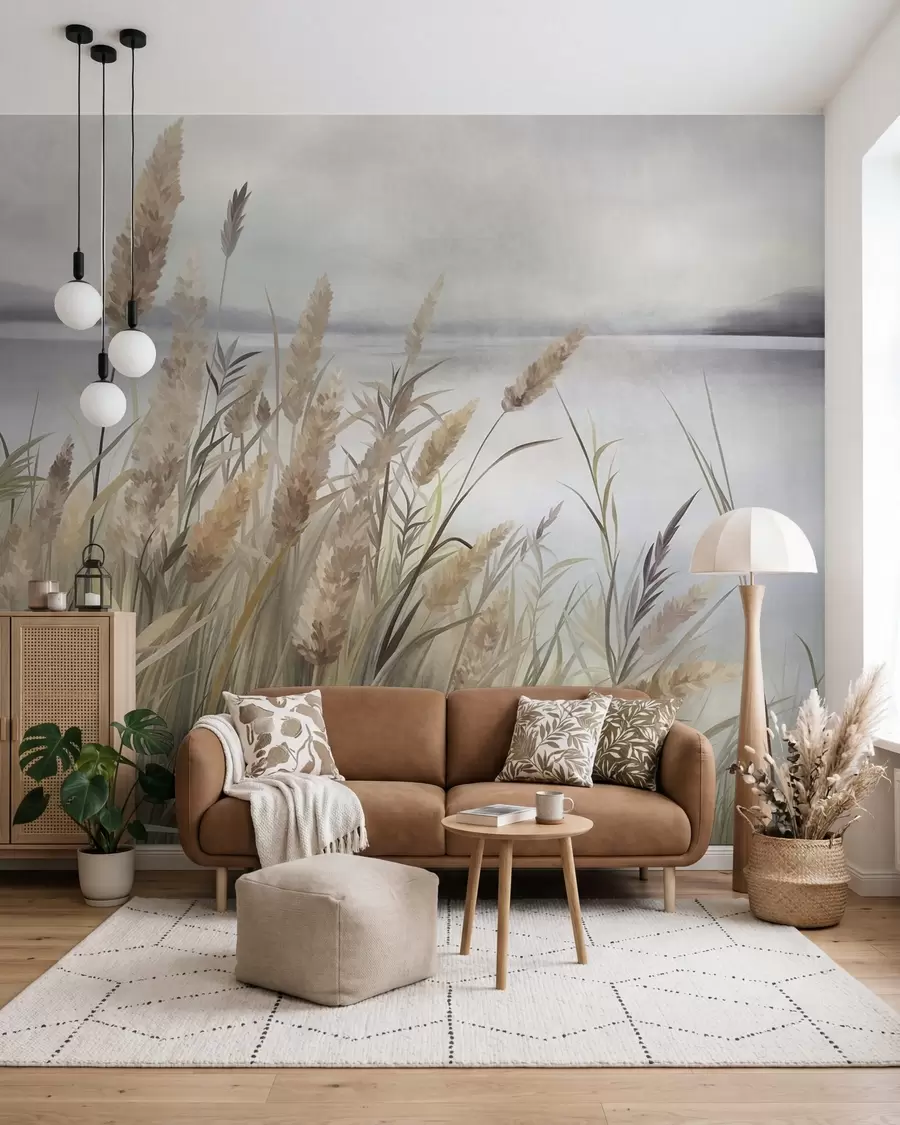 wall murals Tall, dry grass and reeds in the foreground, textured landscape, pastel colors w10017