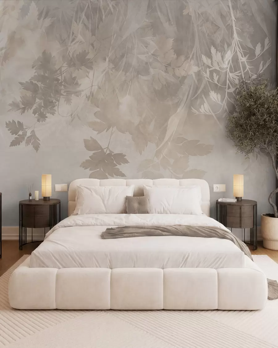wall murals Textured leaves and branches against a soft, muted beige background w10020