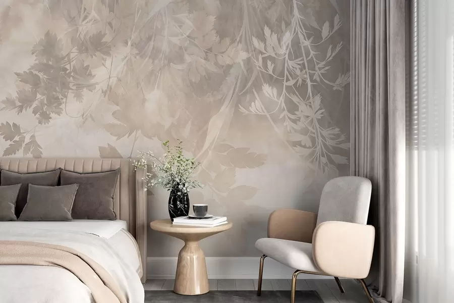 wall murals Textured leaves and branches against a soft, muted beige background w10020