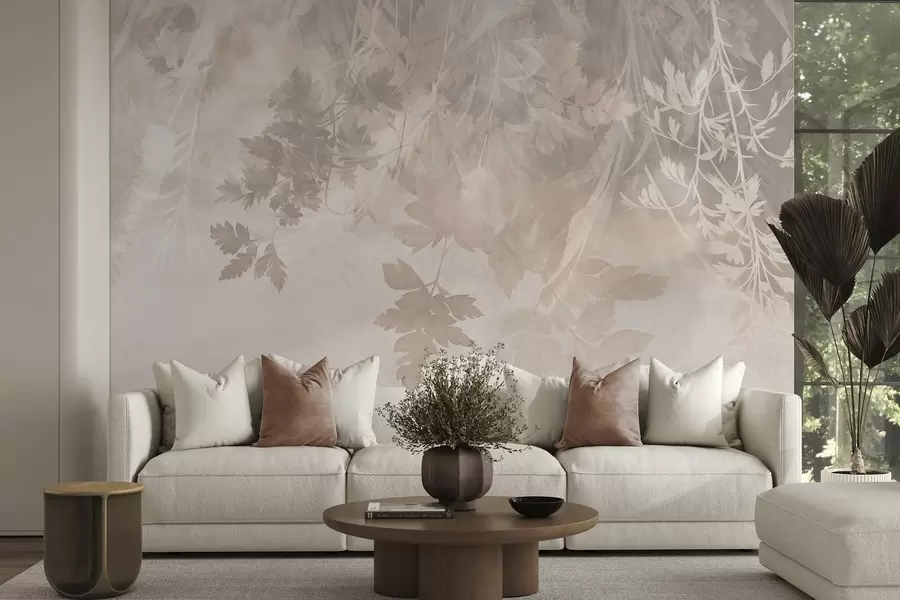 wall murals Textured leaves and branches against a soft, muted beige background w10020
