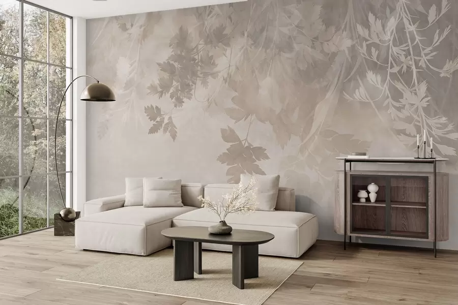 wall murals Textured leaves and branches against a soft, muted beige background w10020
