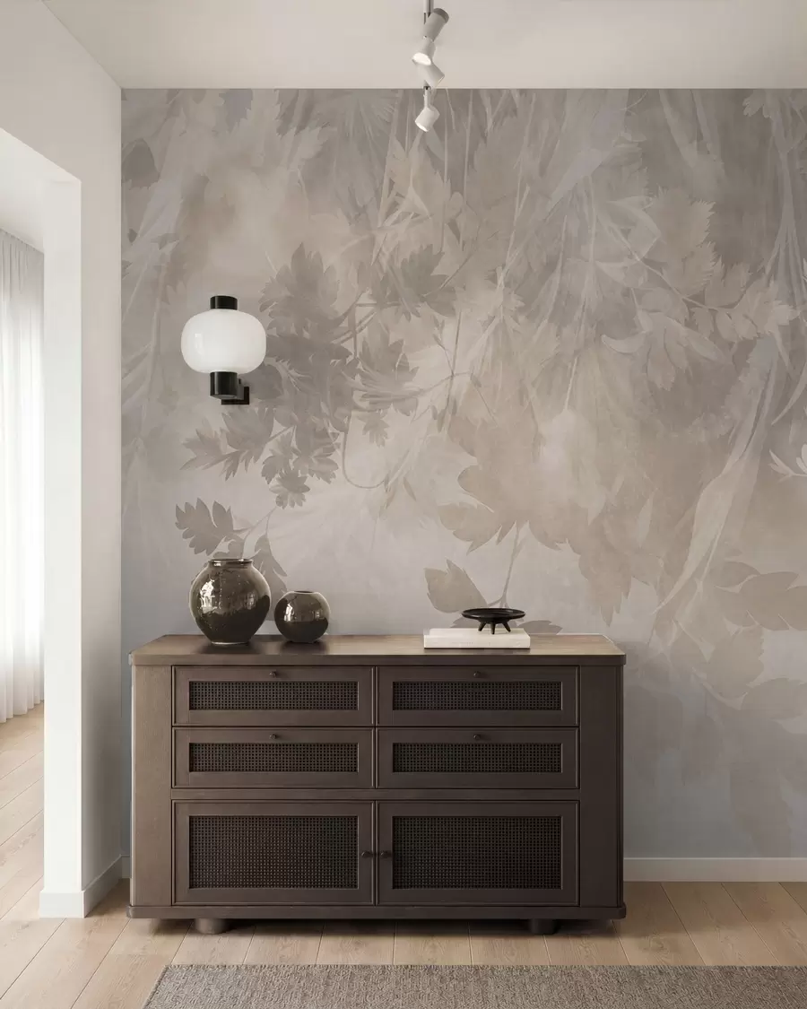 wall murals Textured leaves and branches against a soft, muted beige background w10020