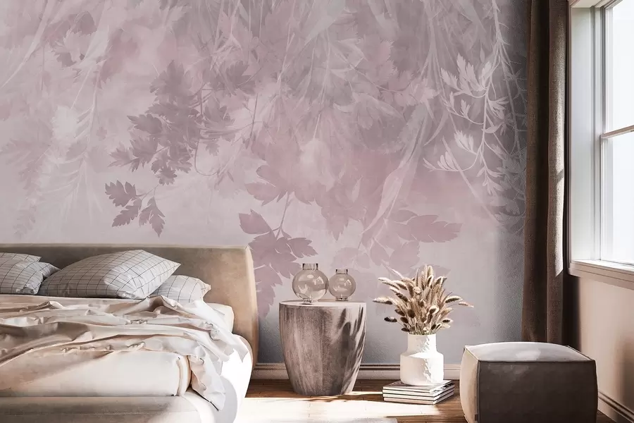 wall murals Textured leaves and branches against a soft, muted pink background w10020v1