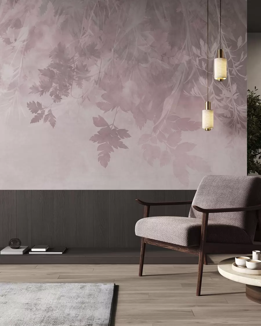 wall murals Textured leaves and branches against a soft, muted pink background w10020v1