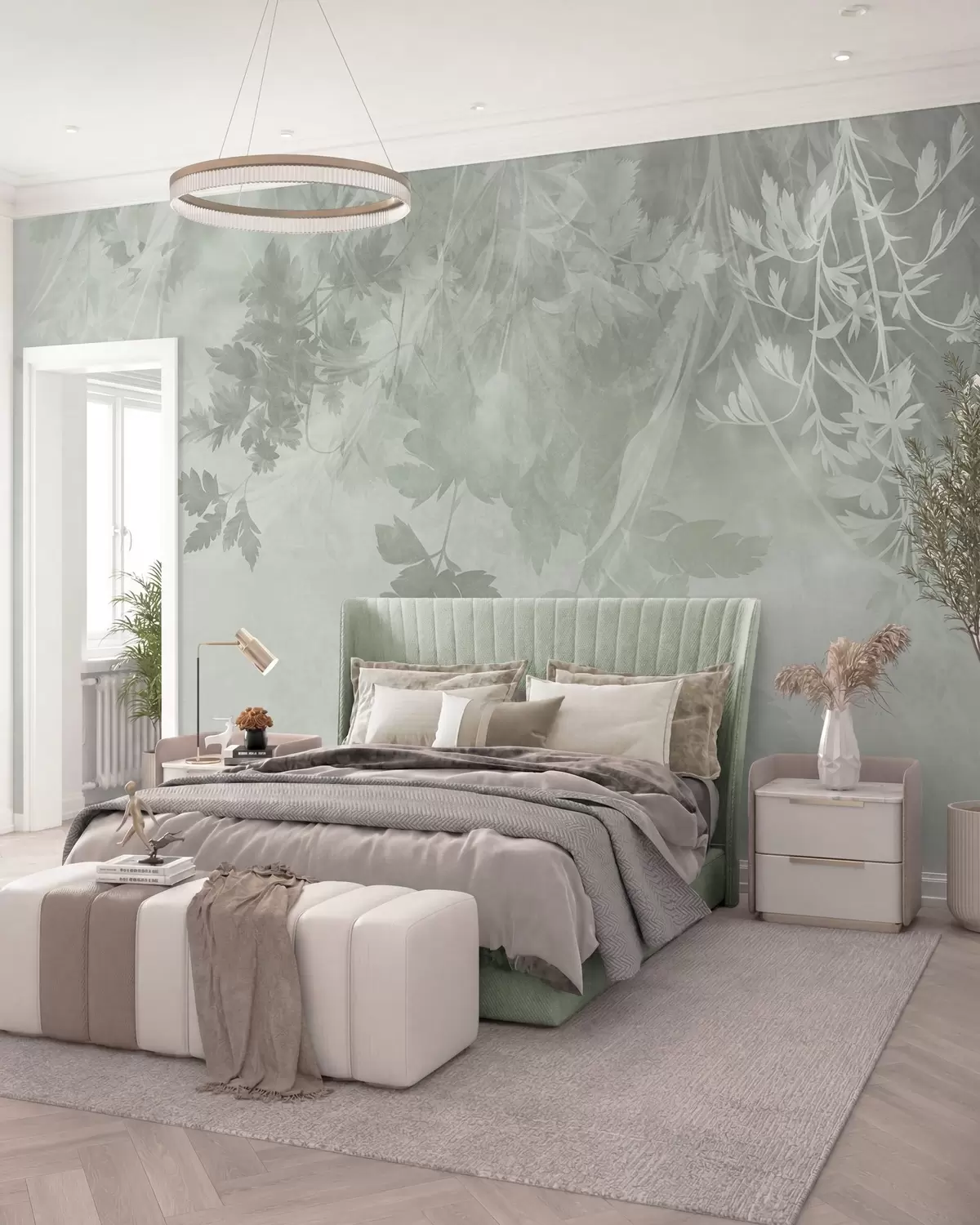 wall murals Textured leaves and branches against a soft, muted green background w10020v2