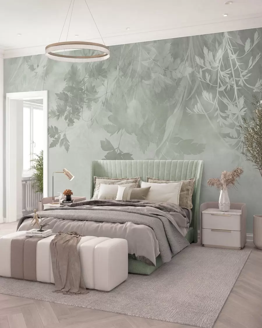 wall murals Textured leaves and branches against a soft, muted green background w10020v2