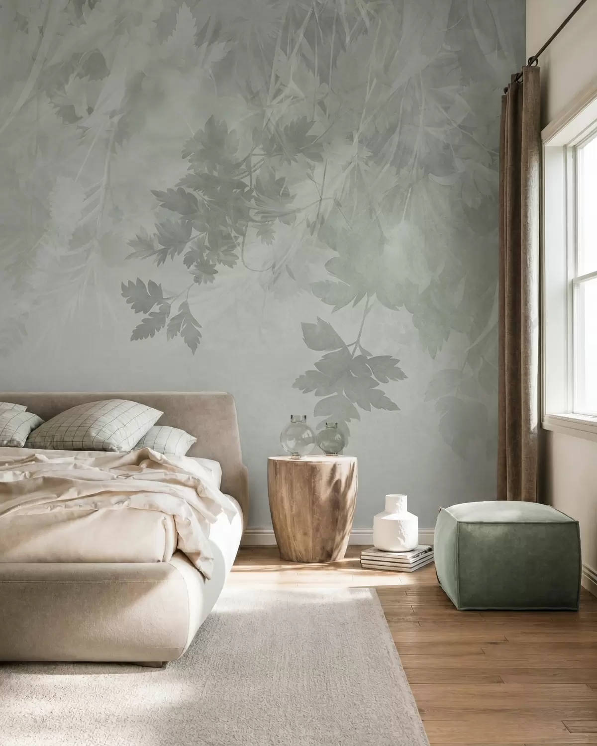 wall murals Textured leaves and branches against a soft, muted green background w10020v2
