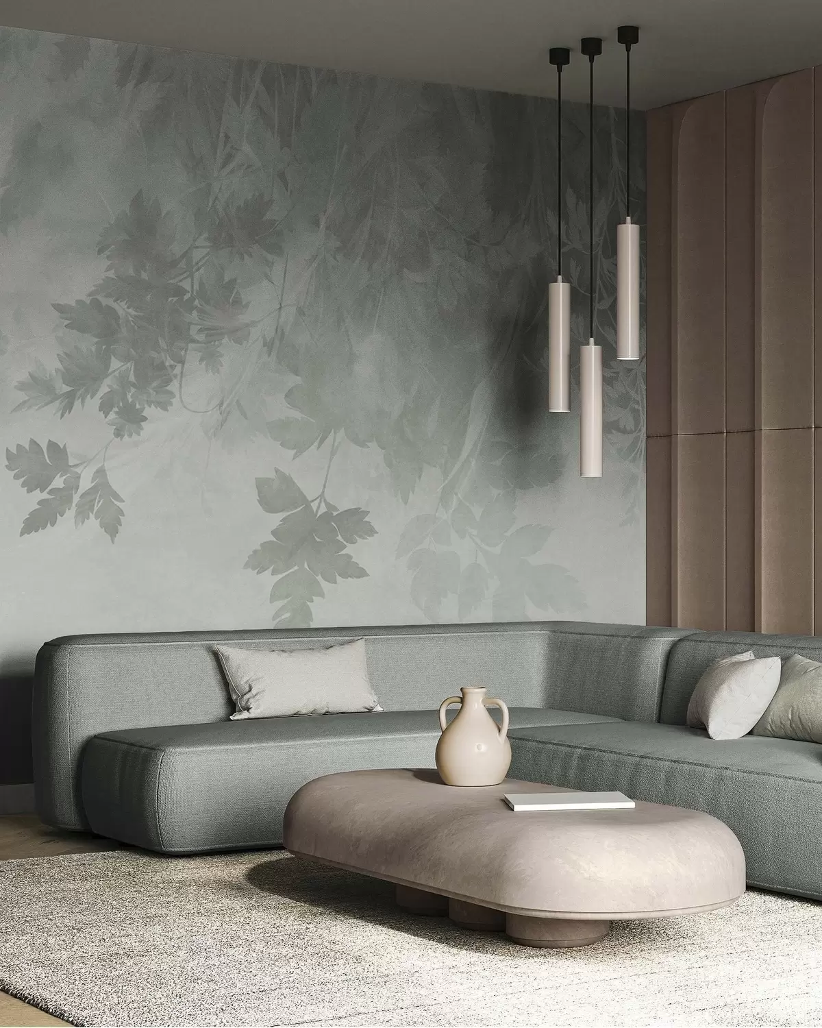 wall murals Textured leaves and branches against a soft, muted green background w10020v2