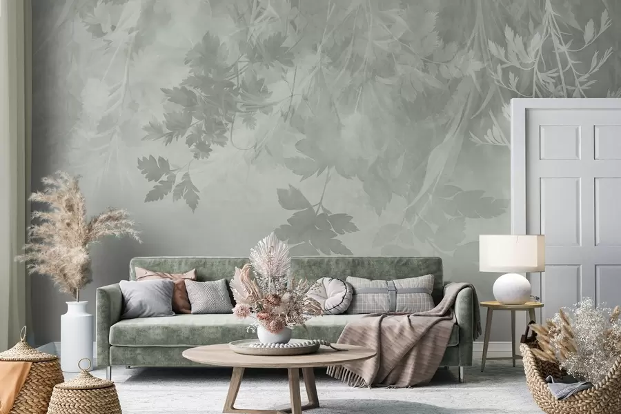 wall murals Textured leaves and branches against a soft, muted green background w10020v2
