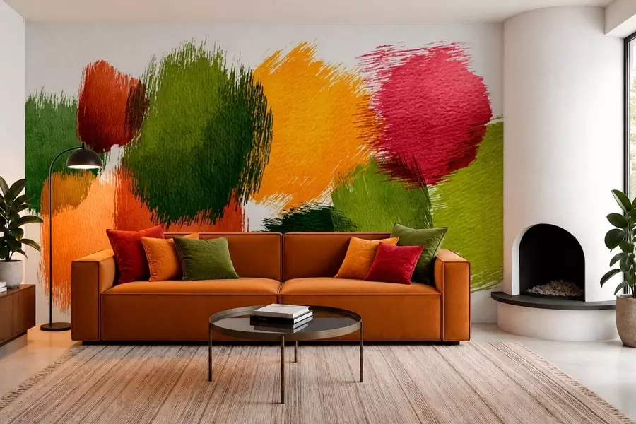 wall murals Abstract strokes of green, orange and pink w05859