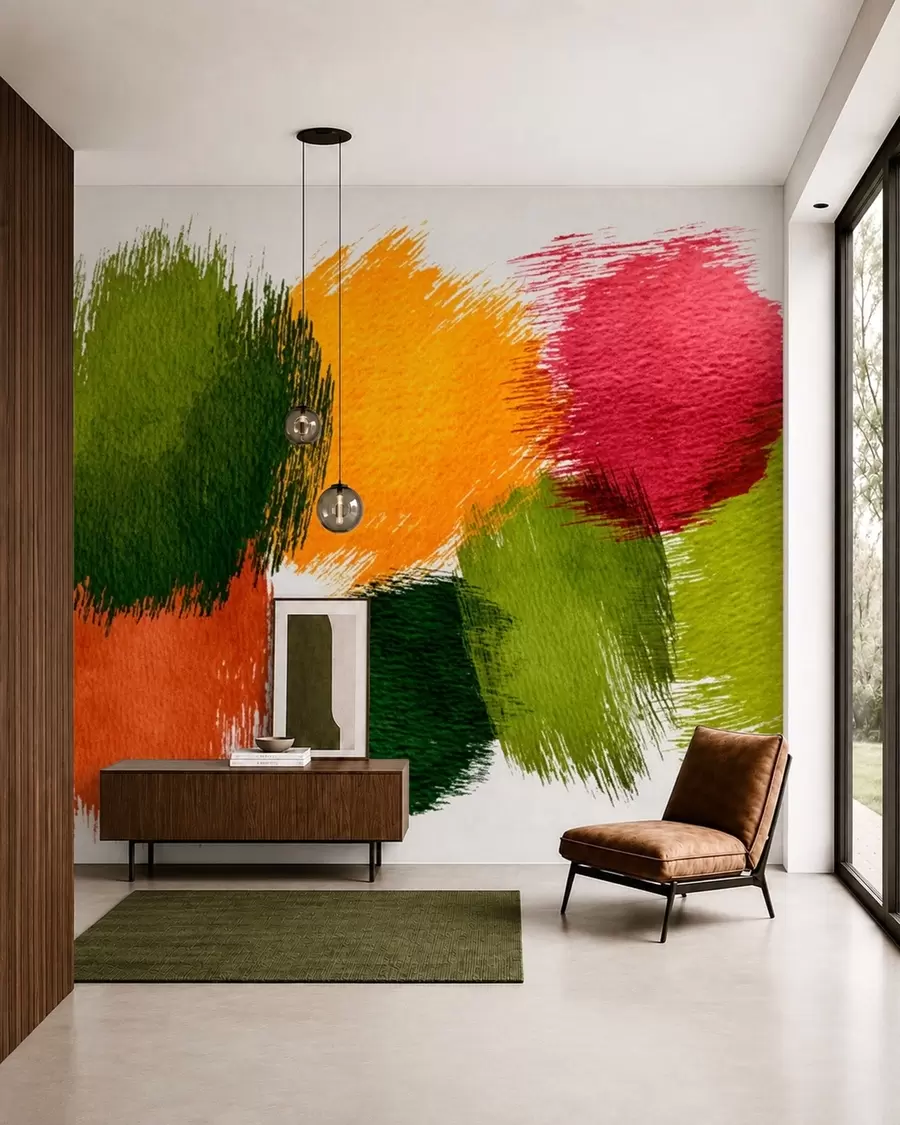 wall murals Abstract strokes of green, orange and pink w05859