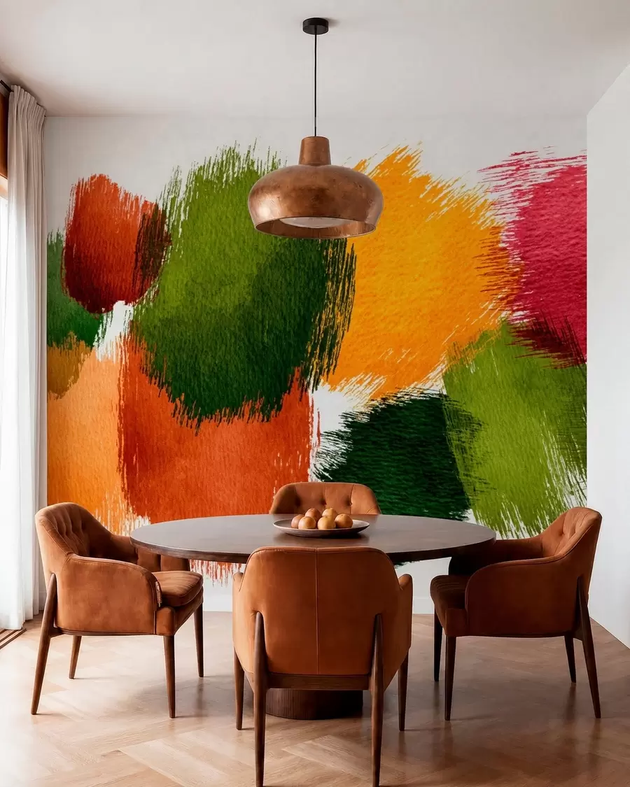 wall murals Abstract strokes of green, orange and pink w05859