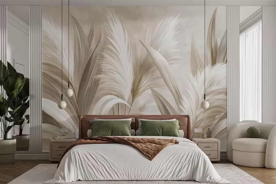 wall murals Pale decorative leaves and feathery blooms w05863