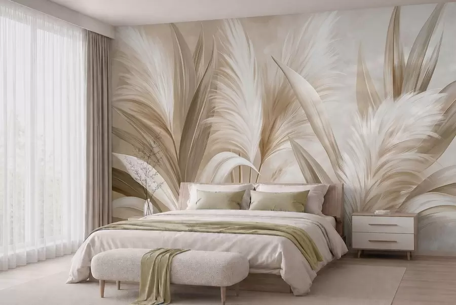 wall murals Pale decorative leaves and feathery blooms w05863
