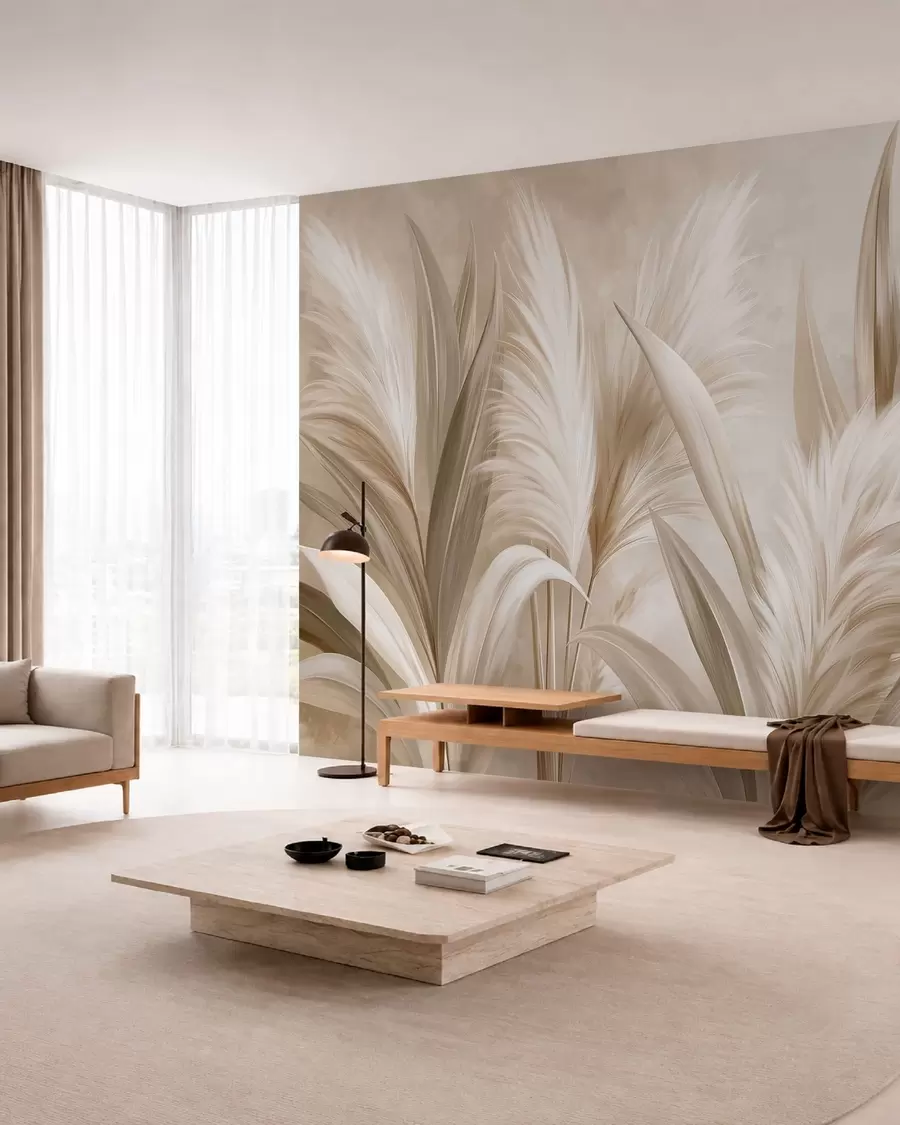wall murals Pale decorative leaves and feathery blooms w05863