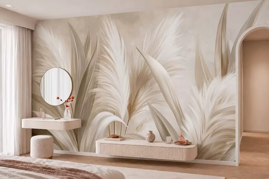 wall murals Pale decorative leaves and feathery blooms w05863