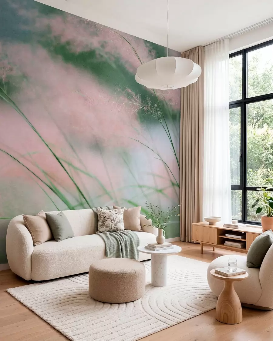 wall murals Delicate pink grasses against a soft green background w05886